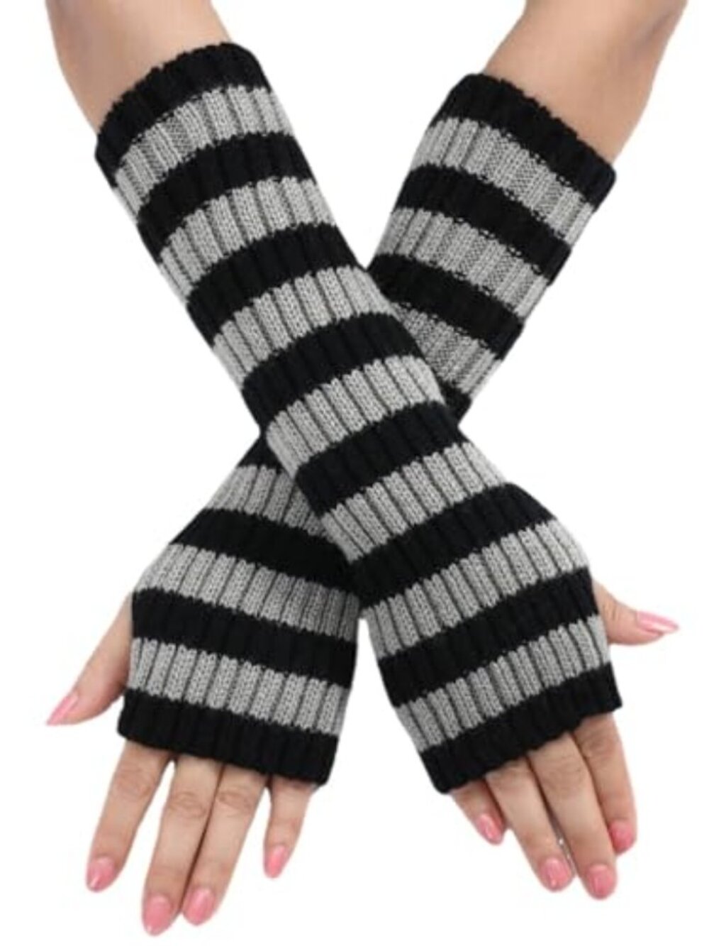 Y2k Striped Arm Warmers Long Fingerless Knitted Gloves Punk Gothic Alt Emo Scene